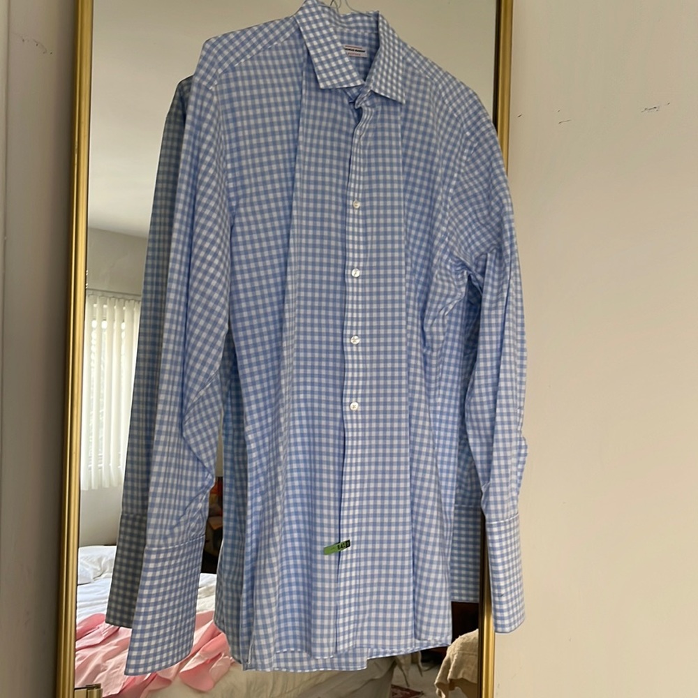 Thomas Mason bespoke men’s shirt in light blue gingham check,french cuffs